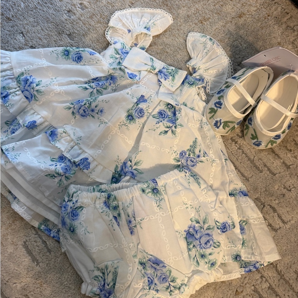 Shabby Chic White and Blue Floral Girls Matching Set